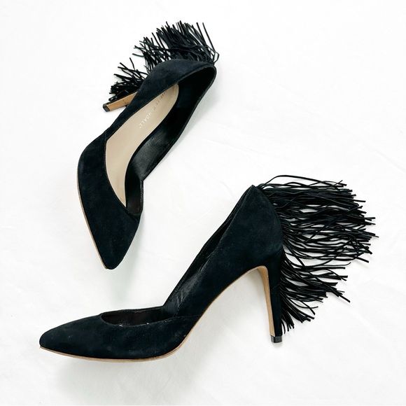 Loeffler Randall Pari Fringe Pumps Size 8.5 Black Heel Pointed Toe Suede Leather - Picture 2 of 13